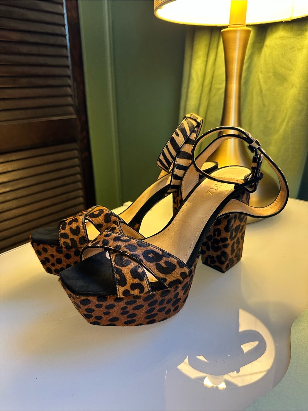 Shutz Leather Leopard Print Platform Block Heels - size 8.5